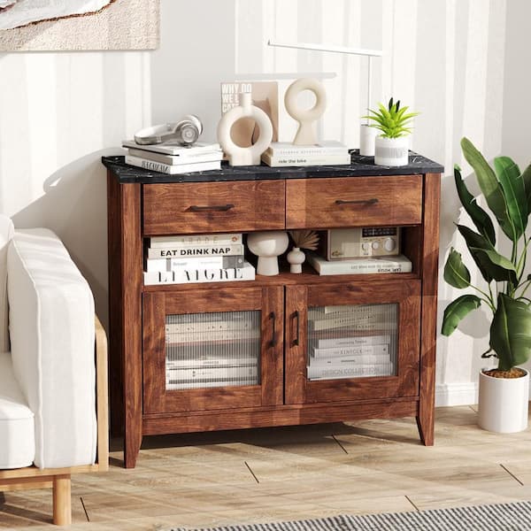 Brown Wood Buffet Sideboard w/ 2-Drawers 1-Open Compartment 2-Doors 2-Adjustable Shelves