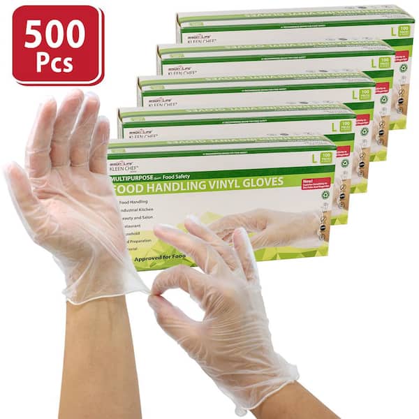 BISON LIFE Large, Disposable Vinyl Food Preparation Gloves, Multi-Purpose, Powder and Latex Free, 9.5 in., Clear (500-Pack)