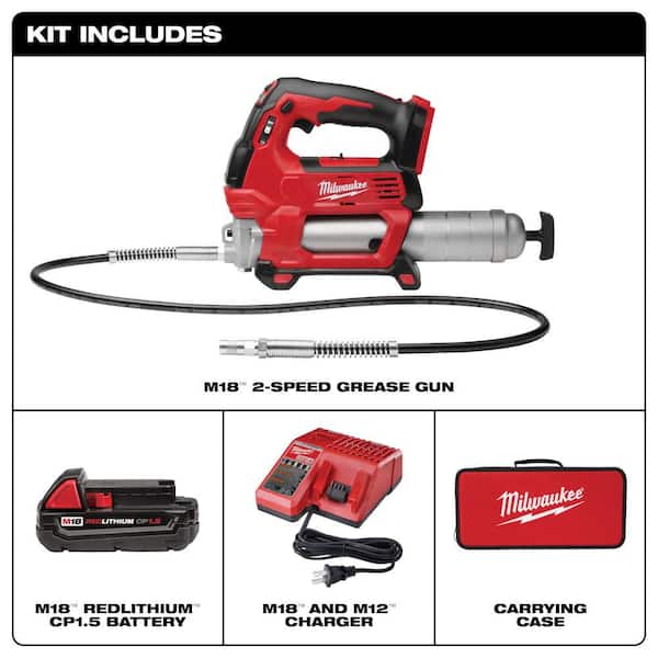 M18 18-Volt Lithium-Ion Cordless Grease Gun 2-Speed with (1) 1.5Ah Batteries, Charger, Tool Bag M18 18-Volt Lithium-Ion Cordless Grease Gun 2-Speed with (1) 1.5Ah Batteries, Charger, Tool Bag