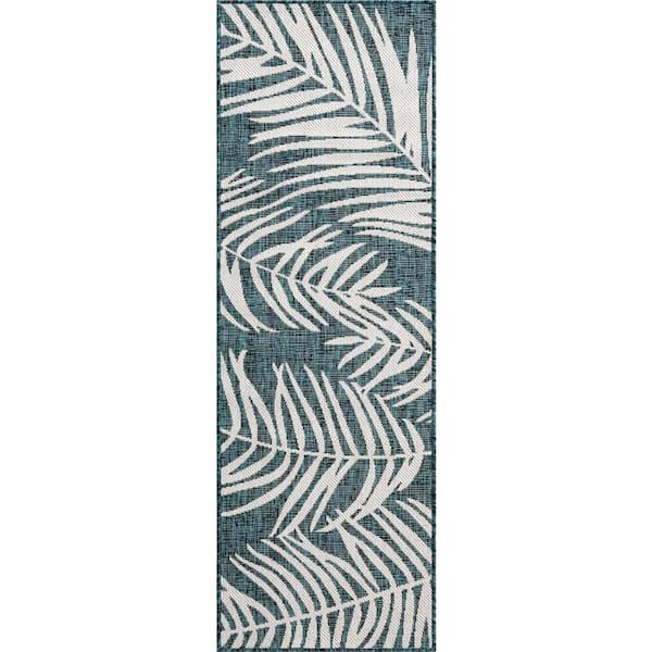 Outdoor Botanical Palm Teal 2 ft. x 6 ft. 1 in. Area rug