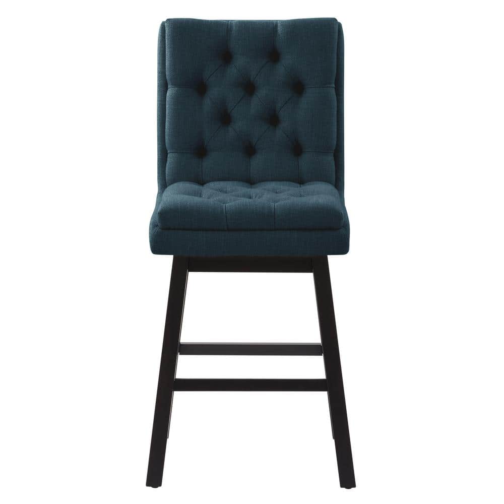 Navy Blue Tufted Counter Height Barstools with Dark Brown Rubberwood Legs - Set of 2