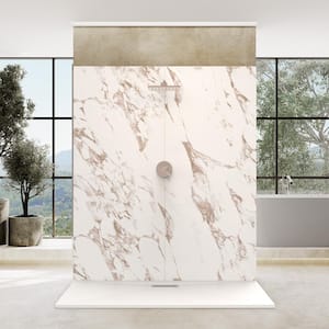72 in. L x 42 in. W x 84 in. H Solid Composite Stone Alcove Shower Kit w/ Caramel Walls & Cntr Bk White Sand Shower Pan