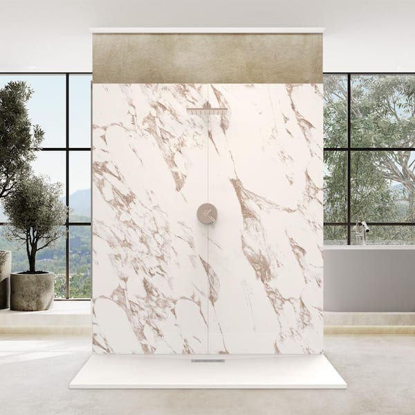 CASTICO 72 in. L x 42 in. W x 84 in. H Solid Composite Stone Alcove Shower Kit w/ Caramel Walls & Cntr Bk White Sand Shower Pan