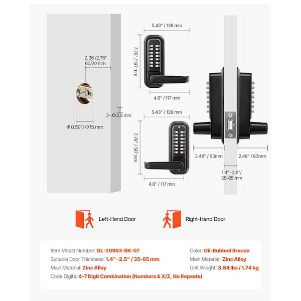 VEVOR Mechanical Keyless Entry Door Lock, 4-7 Digits Code, 2.0