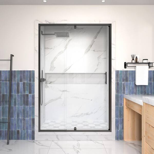 Modern 48 in. W x 71 in. H Pivot Swing Semi-Frameless Shower Door in Matte Black Finish with 1/4 in. (6mm) Clear Glass