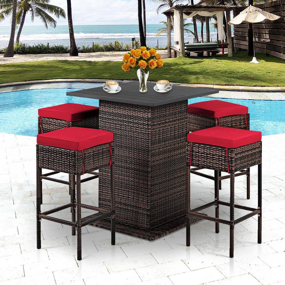 Red Cushioned 5-Piece Brown Wicker Outdoor Bar Set with Storage