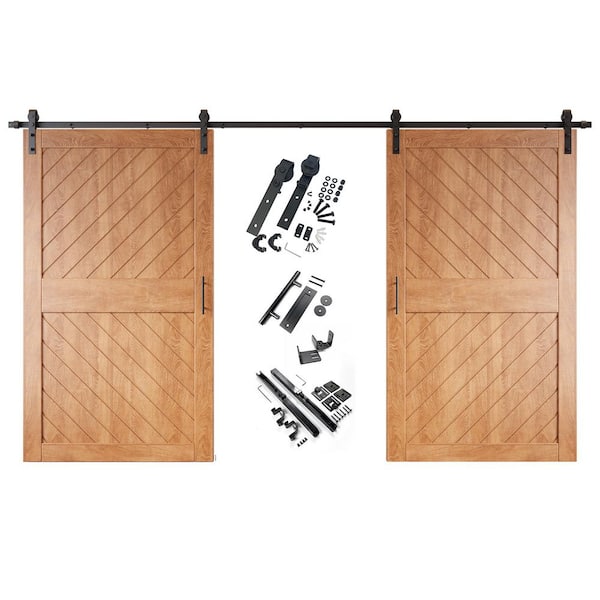 HOMACER XT3 50 in. x 84 in. C-Panel Early American Slanted Stripe Design Double Pine Wood Sliding Barn Door with Hardware Kit