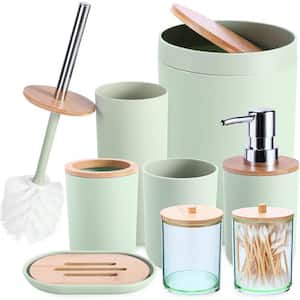 8-Pieces Pastel Green Bathroom Accessories Set Green (Bamboo Cover)