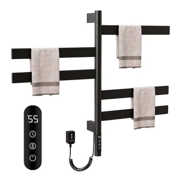 5 Bar Wall Mounted Plug-in/Hardwired Towel Warmer Rotating Heated Rack in Black with Intelligent Touch Screen Timer