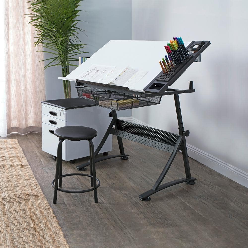 Adjustable White Metal Drafting Table with Storage Drawers