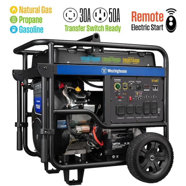 18,000/14,500-Watt Tri-Fuel Gas, Propane, Natural Gas Powered Portable Generator with Remote Electric Start, 50A Outlet