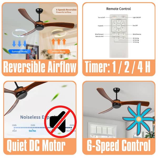 72-Inch Brown Modern Wood Ceiling Fan with Downrod Mount, Reversible DC Motor, 6-Speed Remote, Timer, Powerful Airflow