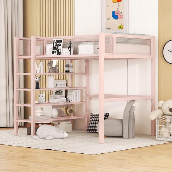Polibi Pink Twin Size Metal Loft Bed with 4-Tier Shelves and Storage