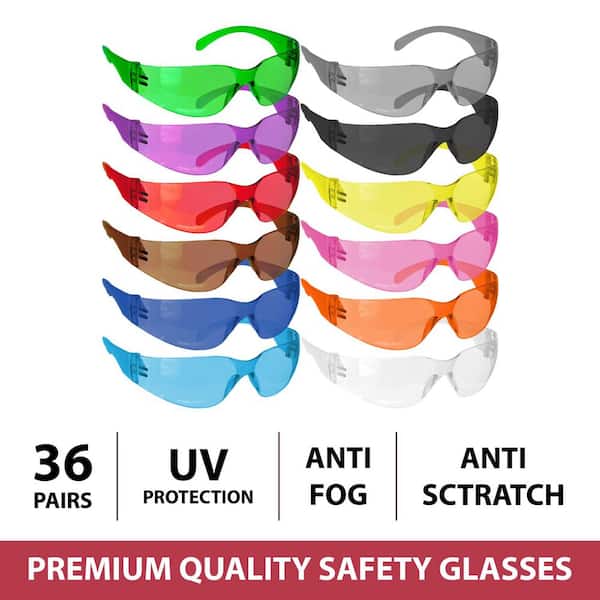 BISON LIFE Hyline Safety Glasses, Full Color, Anti-Fog, Scratch Resistant Polycarbonate Lens, 36-Pairs 36-Assorted Colors (3 Box)
