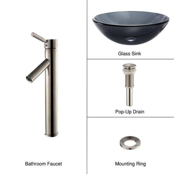 KRAUS Glass Vessel Sink in Black with Single Hole Single-Handle High Arc Sheven Faucet in Satin Nickel