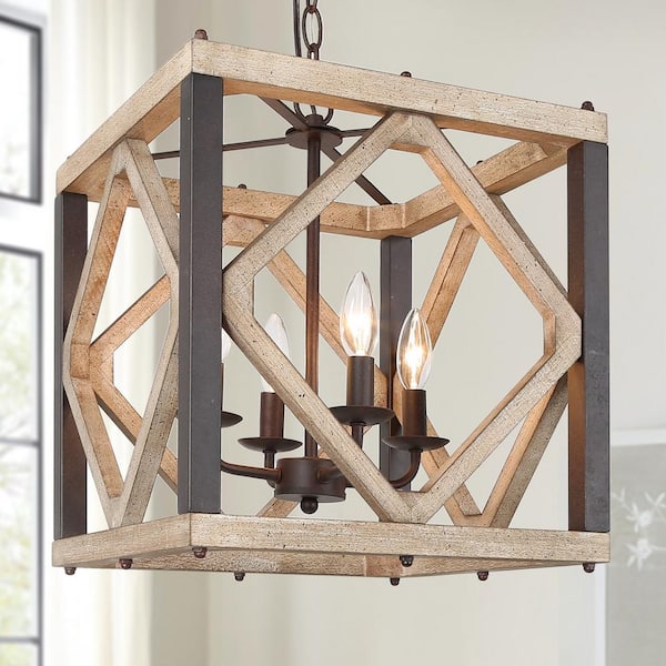 LNC Farmhouse 4-Light Rust Brown Candlestick Chandelier with Distressed Wood Square Cage for Kitchen Island
