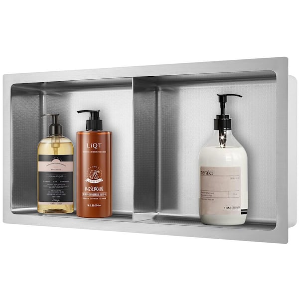 HEX 12 in. W x 24 in. H x 4 in. D Double Shelf Bathroom Shower Wall Niche in Brushed Stainless Steel