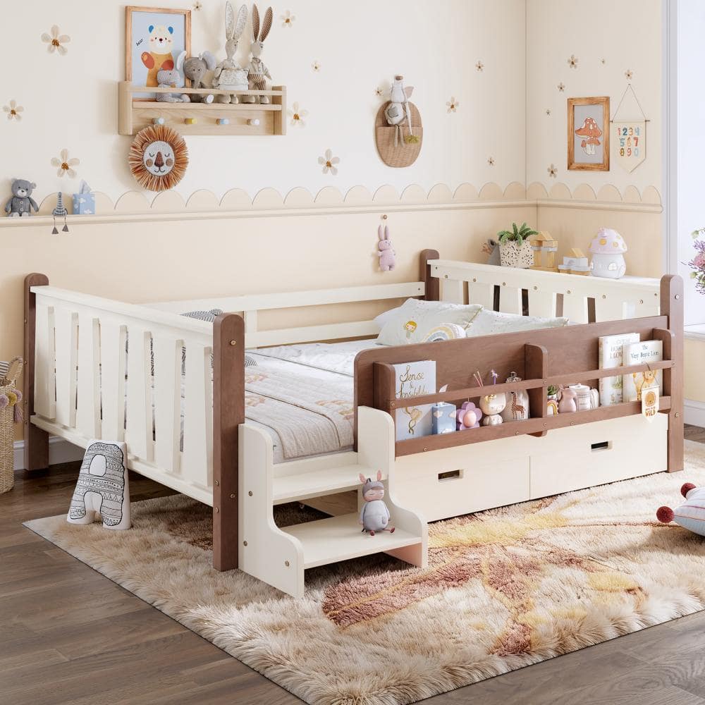 Beige Wood Frame Full Size Platform Bed with Storage Bookcases and Drawers