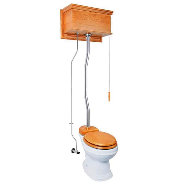 RENOVATORS SUPPLY MANUFACTURING Light Oak High Tank Pull Chain Toilet 2-piece 1.6 GPF Single Flush Round Bowl Toilet in. White Seat Not Included