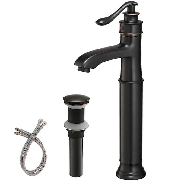 FLG Single Handle Single Hole Bathroom Vessel Sink Faucet Brass Tall High Taps with Pop-Up Drain Kit in Oil Rubbed Bronze