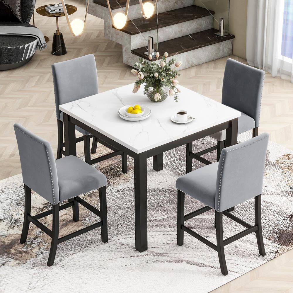 5-Piece Square Gray and White Faux Marble Counter Height Dining Table Set Seats 4 with 4 Upholstered Chairs, Nail Head -  Harper & Bright Designs, GCCPXQS00139