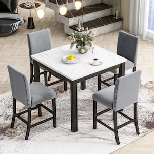 5-Piece Square Gray and White Faux Marble Counter Height Dining Table Set Seats 4 with 4 Upholstered Chairs, Nail Head