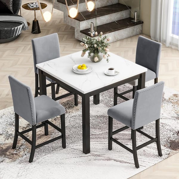 Harper & Bright Designs 5-Piece Square Gray and White Faux Marble Counter Height Dining Table Set Seats 4 with 4 Upholstered Chairs, Nail Head