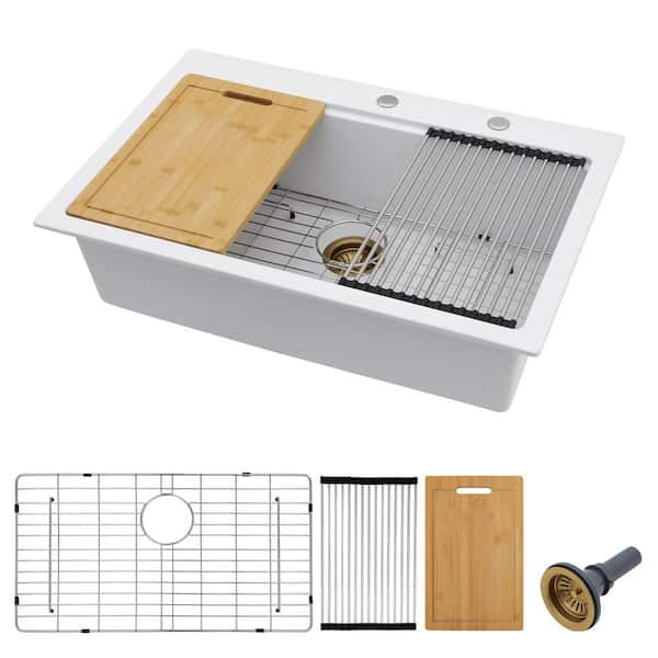 30 in. Scratch Resistant Drop-In Single Bowl Quartz Granite Composite White Workstation Kitchen Sink, with Accessories