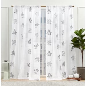 Mabel Grey Floral Sheer Rod Pocket Curtain, 54 in. W x 84 in. L (Set of 2)