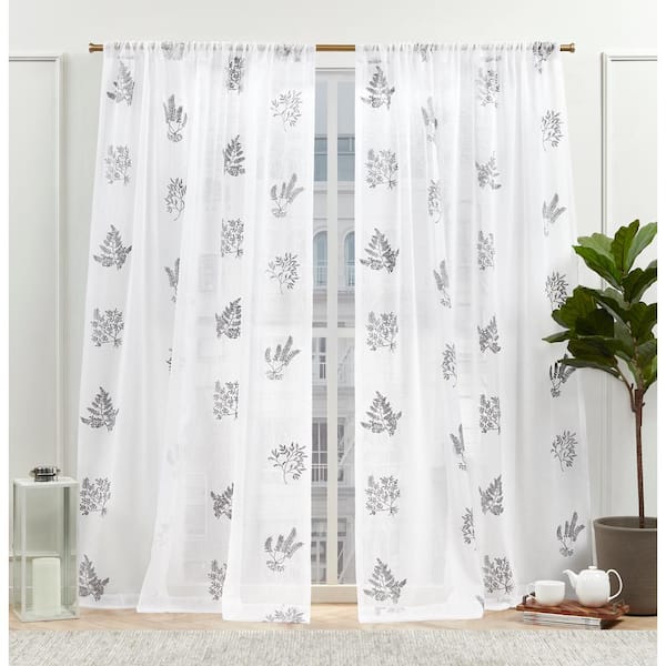 NICOLE MILLER NEW YORK Mabel Grey Floral Sheer Rod Pocket Curtain, 54 in. W x 96 in. L (Set of 2)