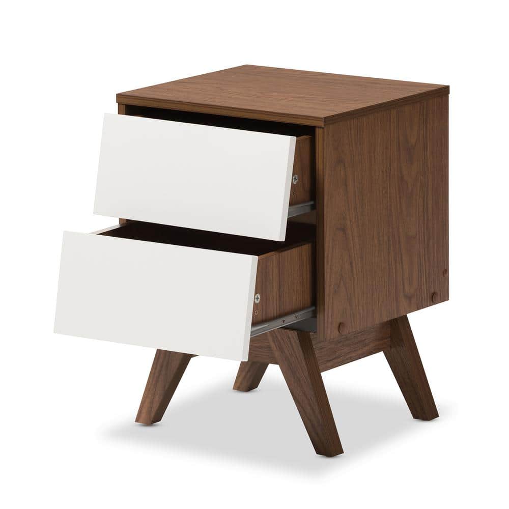 Walnut and White 2-Drawer Mid-Century Modern Nightstand