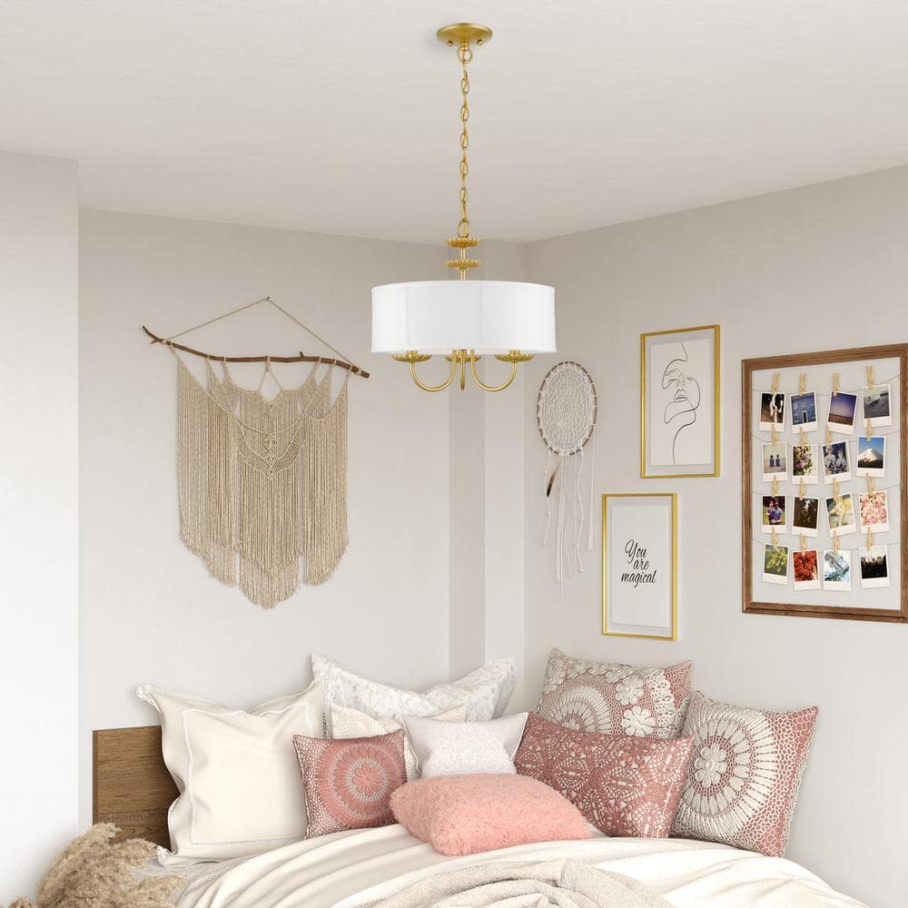 Mini Soft Gold Brass Drum Pendant Chandelier with Off-White Shade