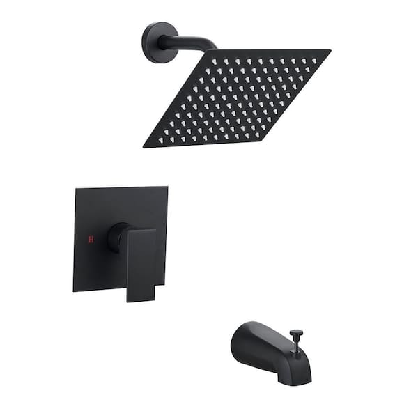 1-Spray Patterns with 1.8 GPM 7.87 in. Square Wall Mount Rain Fixed Shower Head with Tub Spout in Black