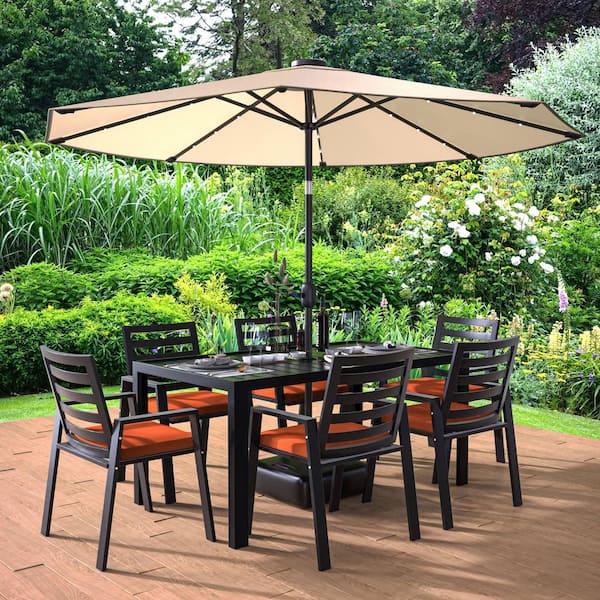 Leisuremod Chelsea Mid-Century Modern 7-Piece Outdoor Dining Set in Black Aluminum with Removable Cherry Cushions