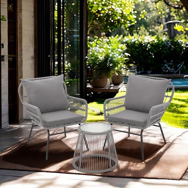 Bezseller 3-Piece Outdoor Wicker Furniture Set, Patio Conversation Set with Gray Cushions for Garden, Balcony, Backyard