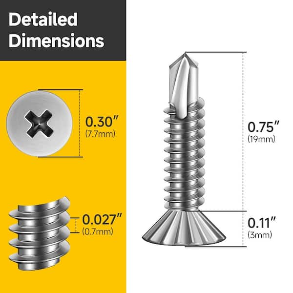 #8 x 3/4 in. Self-Drilling Flat Head Sheet Metal Screws (400-Pack), Silver 410 Stainless Steel
