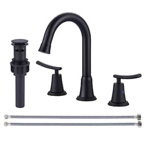 8 in. Widespread Double Handle Bathroom Faucet with Pop Up Drain Included and 360° Swivel Spout in Matte Black
