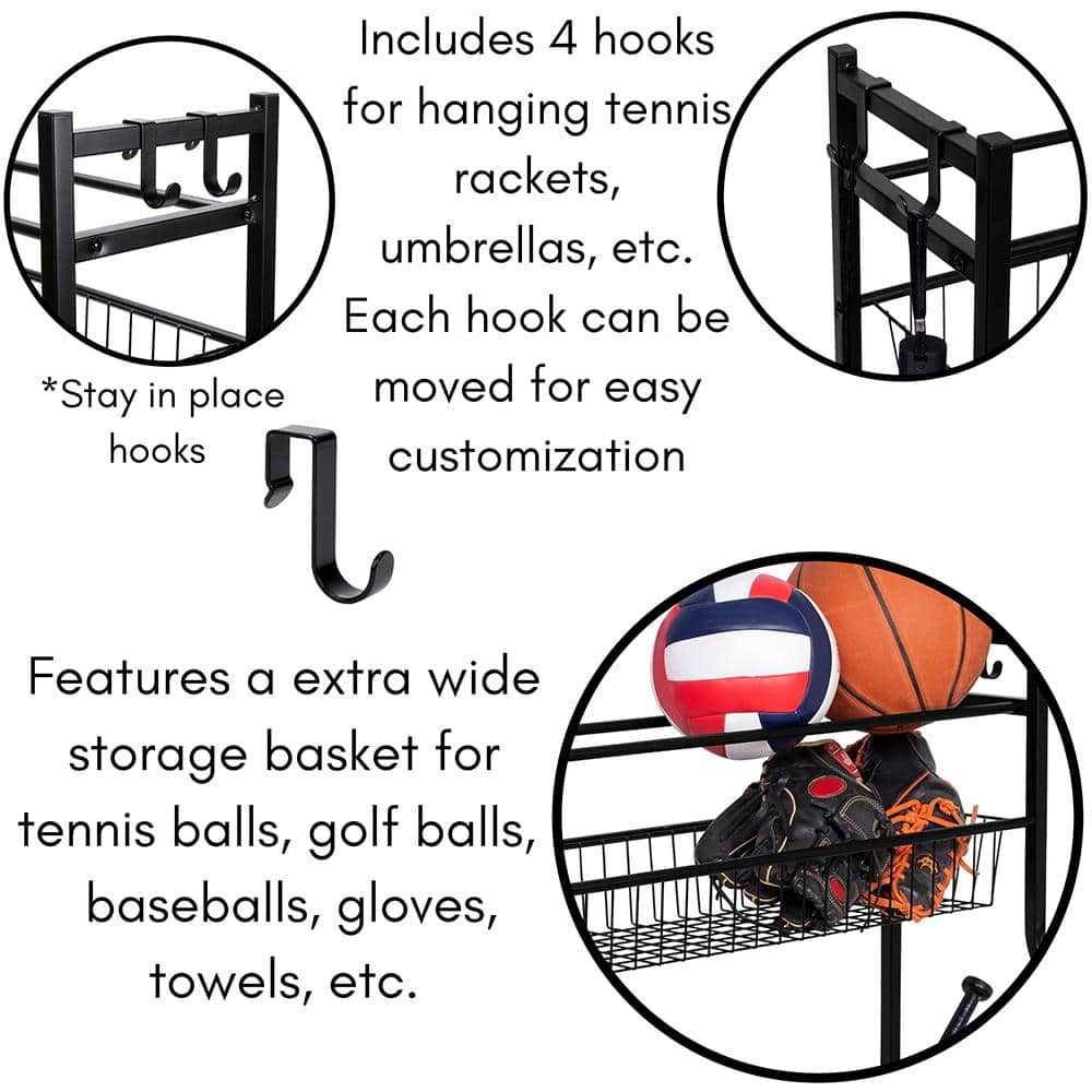 Black Steel Sports Equipment Storage Rack with Hooks and Baskets