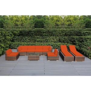 Mixed Brown 9-Piece Wicker Patio Combo Conversation Set with Supercrylic Orange Cushions