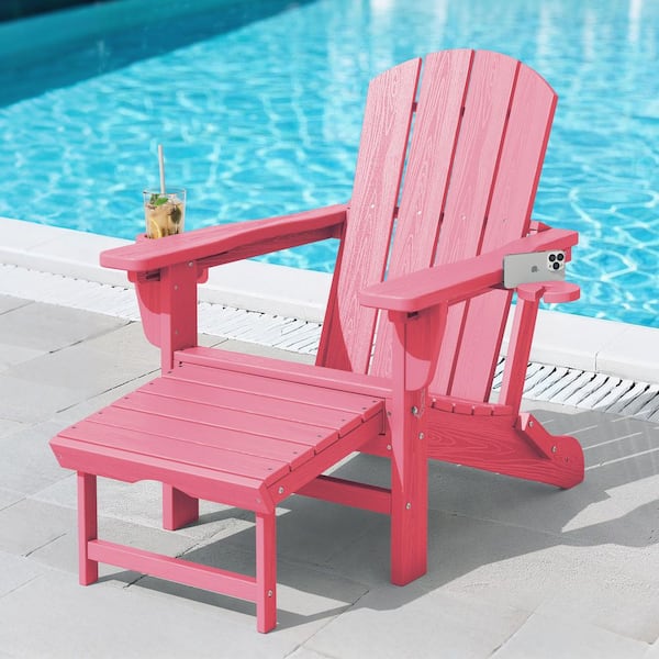 JEAREY 3-Level Adjustable Patio Folding Plastic Adirondack Chair with Retractable Ottoman, Cup and Phone Holders in Light Pink
