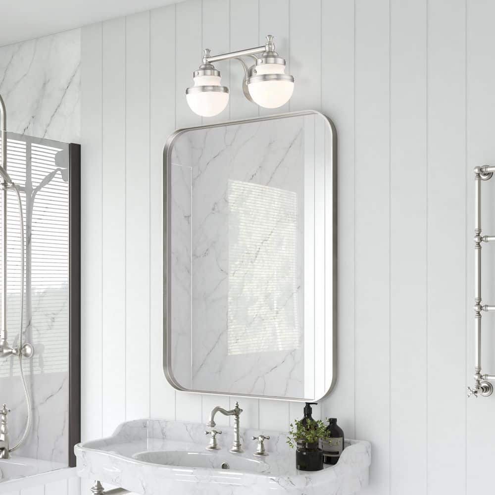 Sleek Industrial Brushed Nickel 2-Light Vanity with Satin Opal White Glass