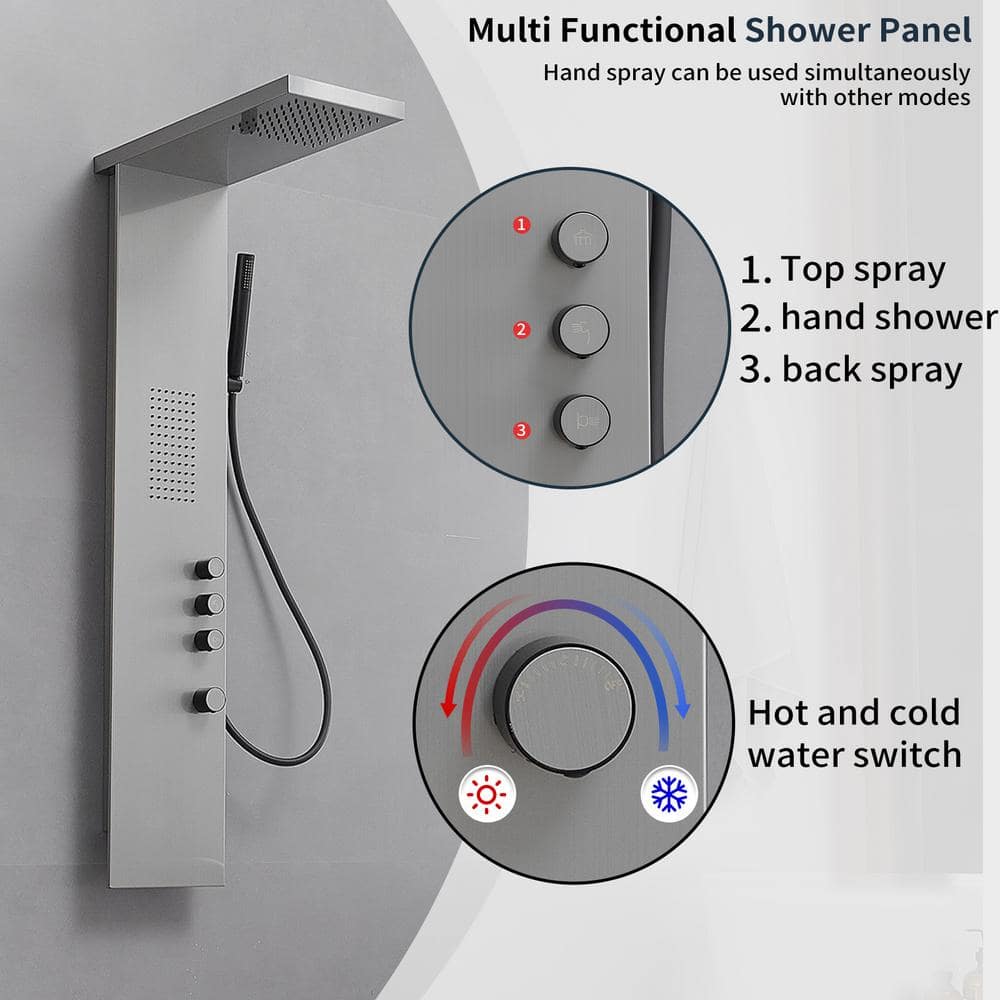 Brushed Nickel Multi-Function Shower Panel with Rainfall and Massage Jets