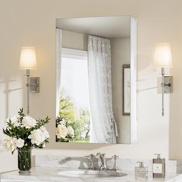 16 in. W x 26 in. H Rectangular Frameless Aluminum White Recessed or Surface Mount Medicine Cabinet with Mirror