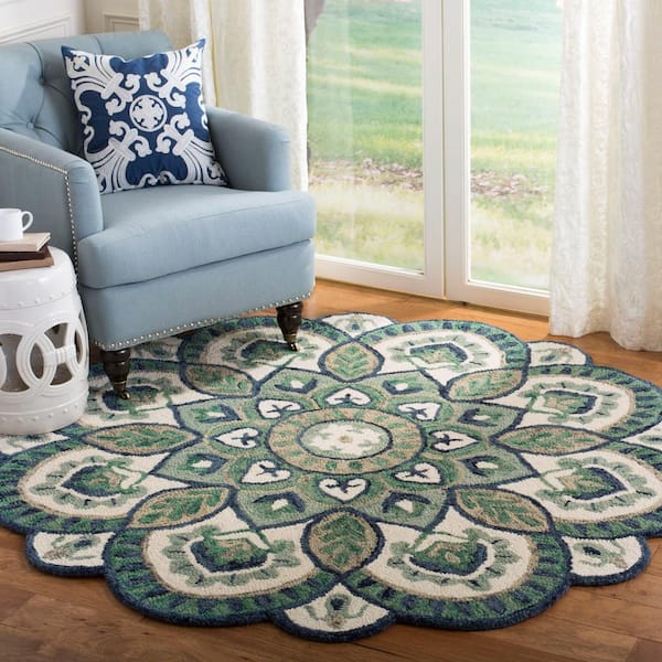 Novelty Ivory/Blue 8 ft. x 8 ft. Medallion Floral Round Area Rug
