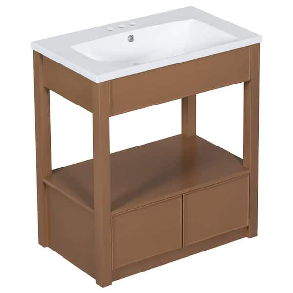 Logmey 30 in. W x 18 in. D x 34 in. H Single Sink Freestanding Bath Vanity in Brown with White Ceramic Top, Open Storage Shelf
