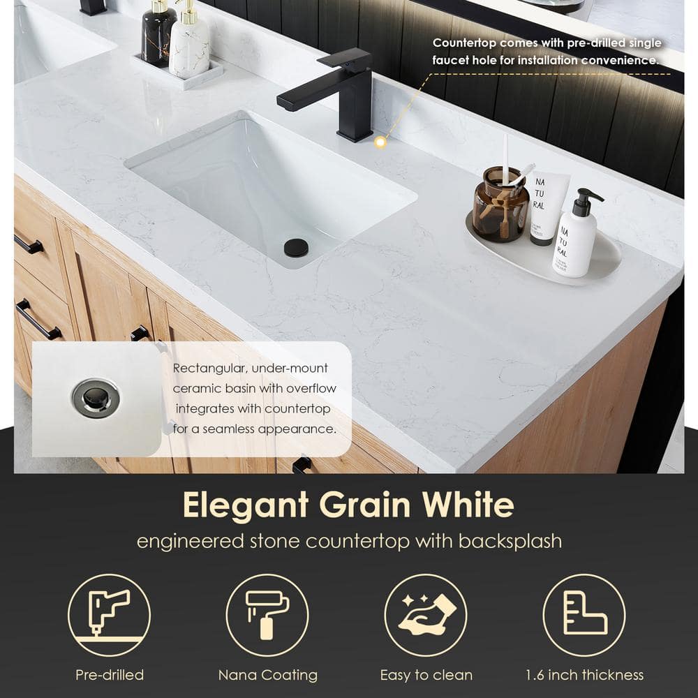 Cicero 84" Light Brown Fir Wood Vanity with White Stone Top