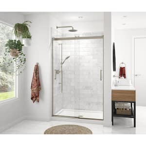 Revelation Round 47 in. W x 73 in. H Sliding Shower Door/Enclosure Alcove in Brushed Nickel with Clear Glass