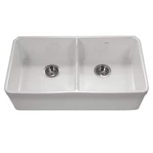 Platus Undermount Fireclay 32 in. 50/50 Double Bowl Kitchen Sink in White with Low Divide