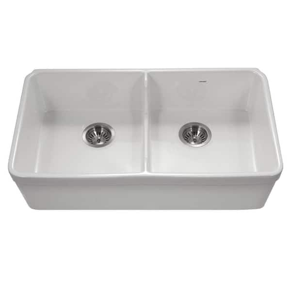 Platus Undermount Fireclay 32 in. 50/50 Double Bowl Kitchen Sink in White  with Low Divide