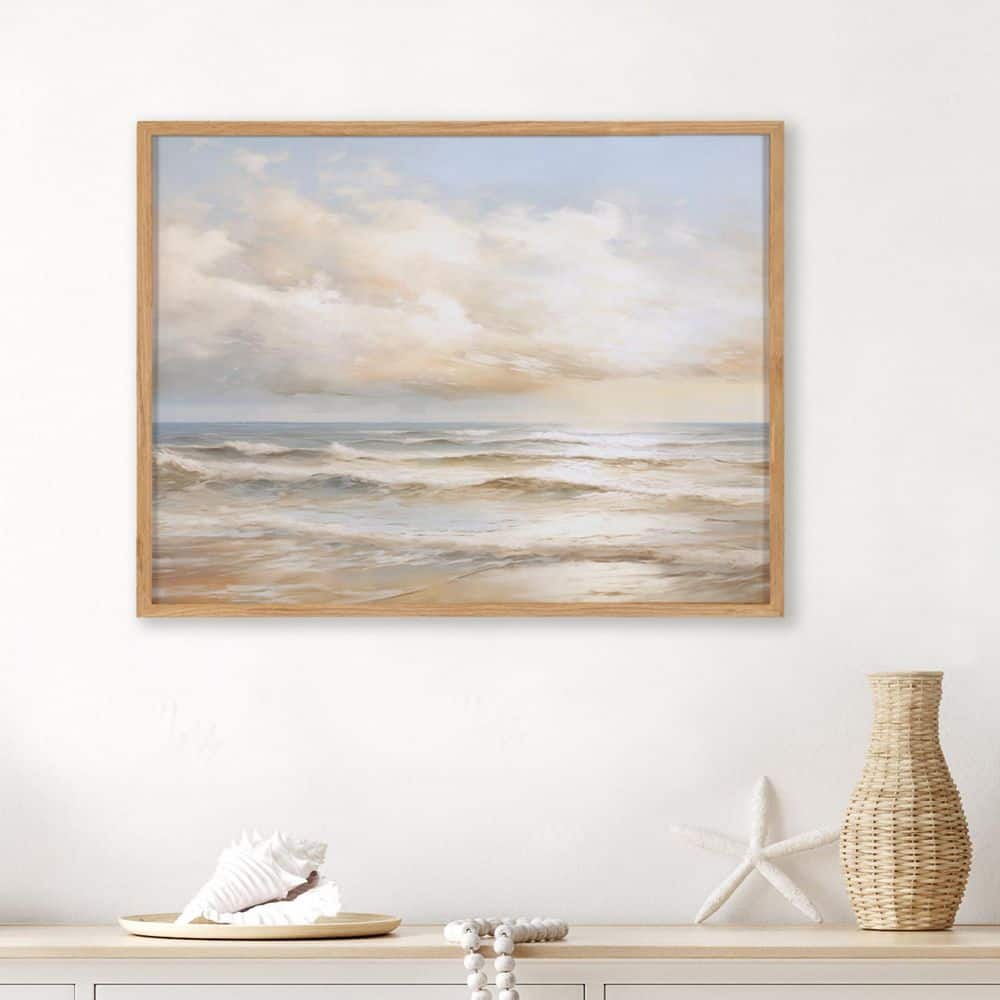 Natural Wood Framed Beach Waves Sunset Landscape Print
